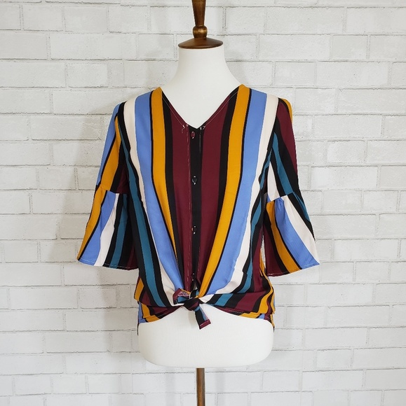 🔴5/$25 🎉HP🎉Multi Striped Bell Sleeve Blouse - Picture 7 of 8